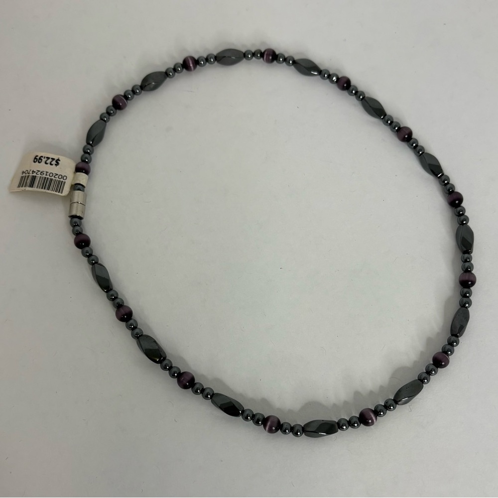Elegant Purple & Black Hematite and Amethyst Beaded Necklace Magnetic Clasp NWT